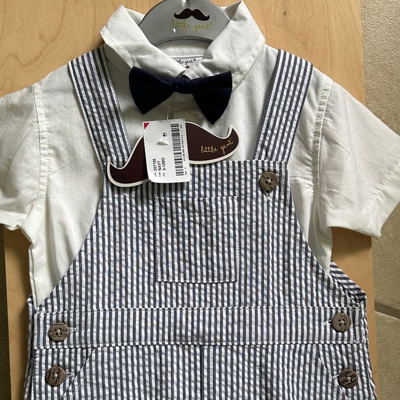 little gent Other - Kids Navy and White Striped Overalls with Bow Tie